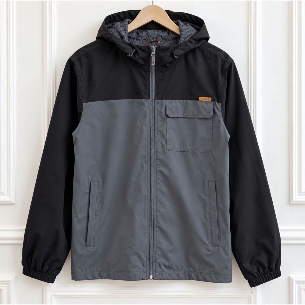 Vissla Voyager Men’s Hooded Jacket Black Gray Colorblock Full Zip Windbreaker L